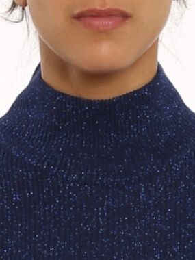 Navy Shimmer Ribbed Knit Sweater Feather Fringe Women Small Pristine Condition